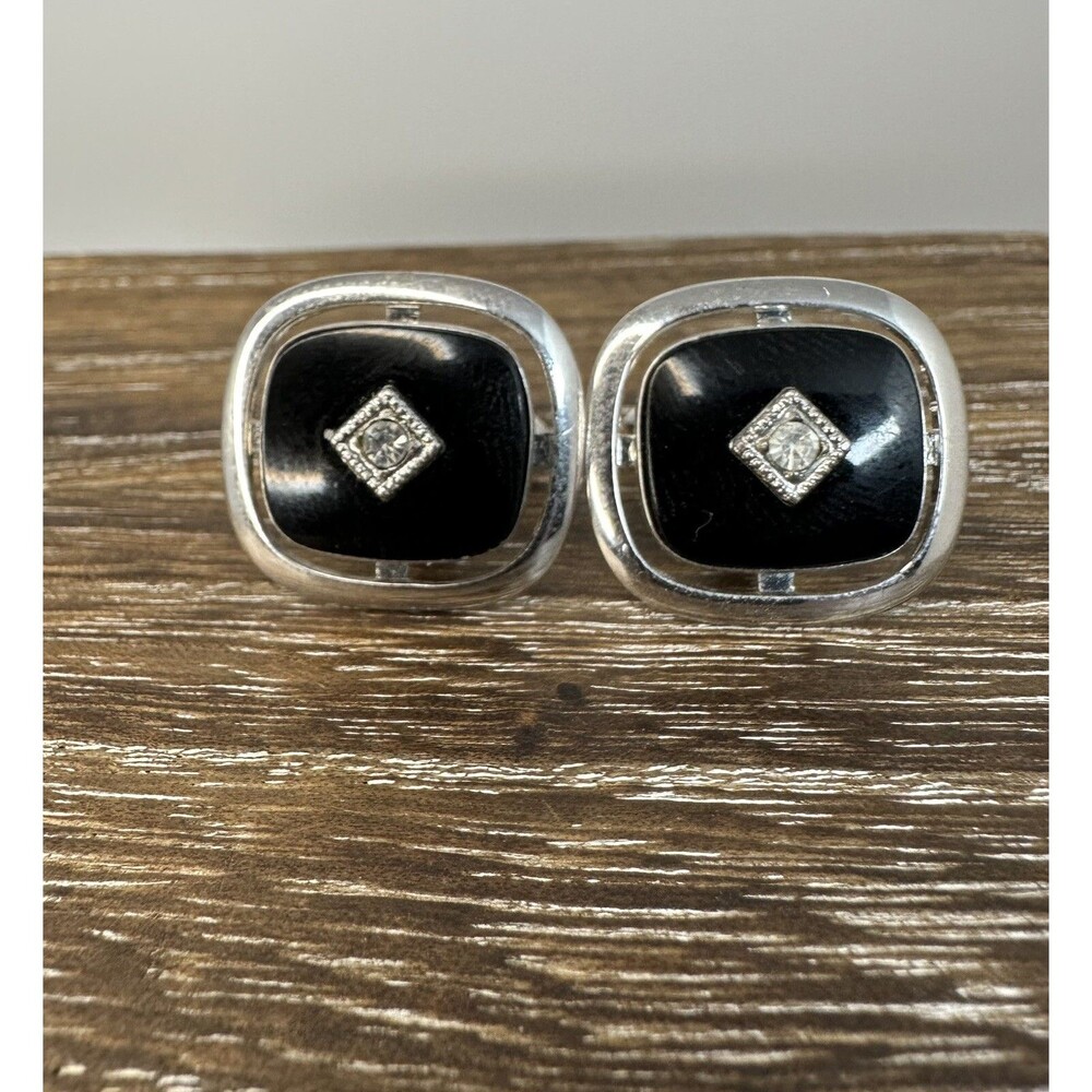 Vintage Lamode 925 Sterling Silver Black Onyx & CZ  Square Shape MCM Cufflinks